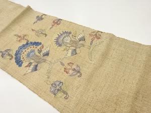 手織り紬孔雀に草花模様織出し名古屋帯